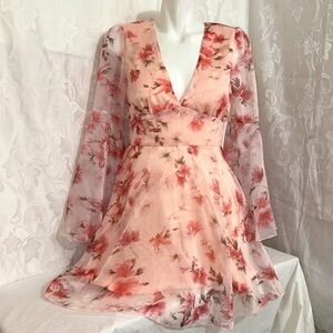 Double Crazy Pink Feminine Fairy Floral Sheer Long Bell Sleeve Flowy Dress